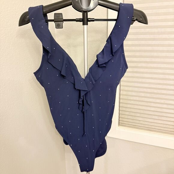 Robin Piccone Jennie Plunge Polka Dot One Piece Swimsuit Navy Blue Women's Sz 12 - Picture 3 of 8